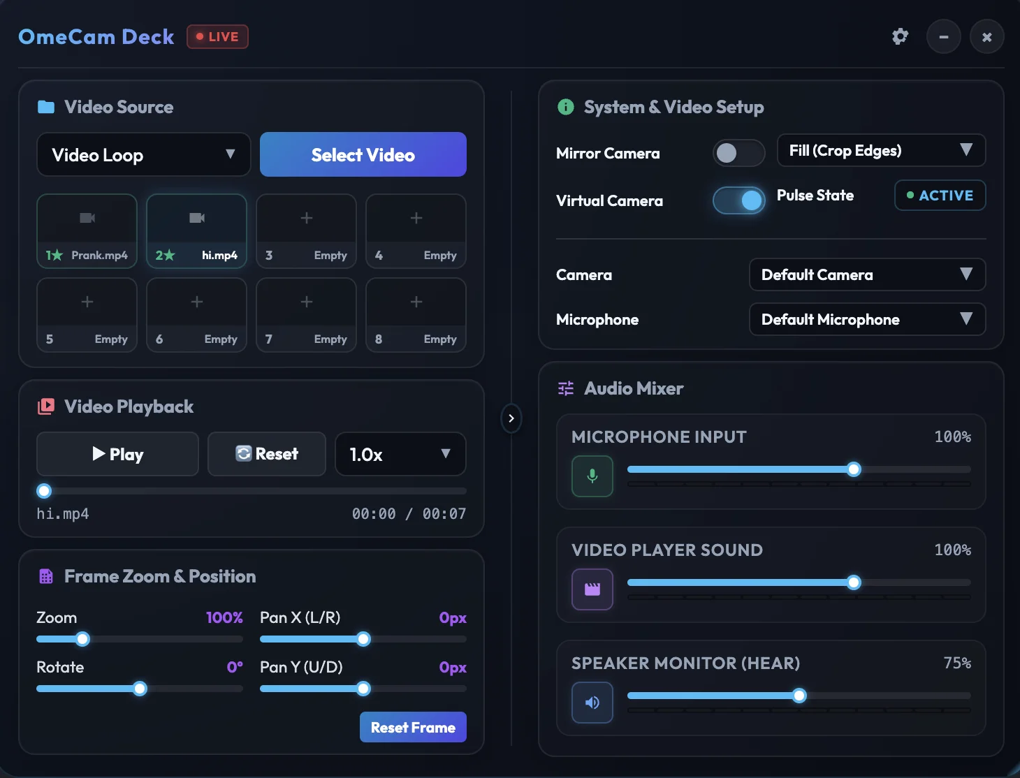 OmeCam Deck Control Panel